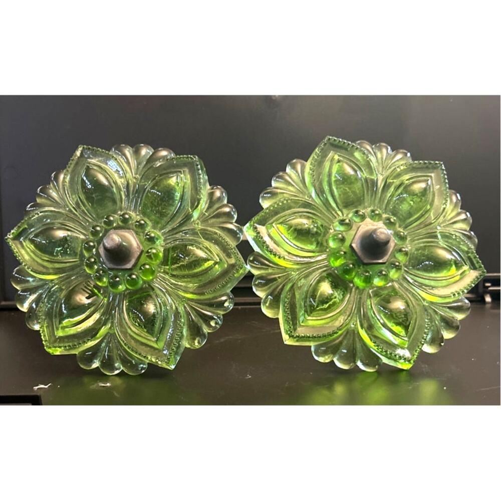 Antique Pair Of Green Flower Pressed Glass Curtain Tiebacks w Hardware